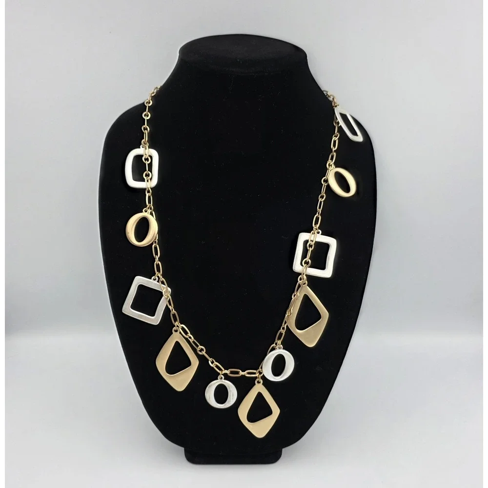 Kenneth Cole Silver & Gold Tone Metal Necklace Geometric Chunky Abstract 18